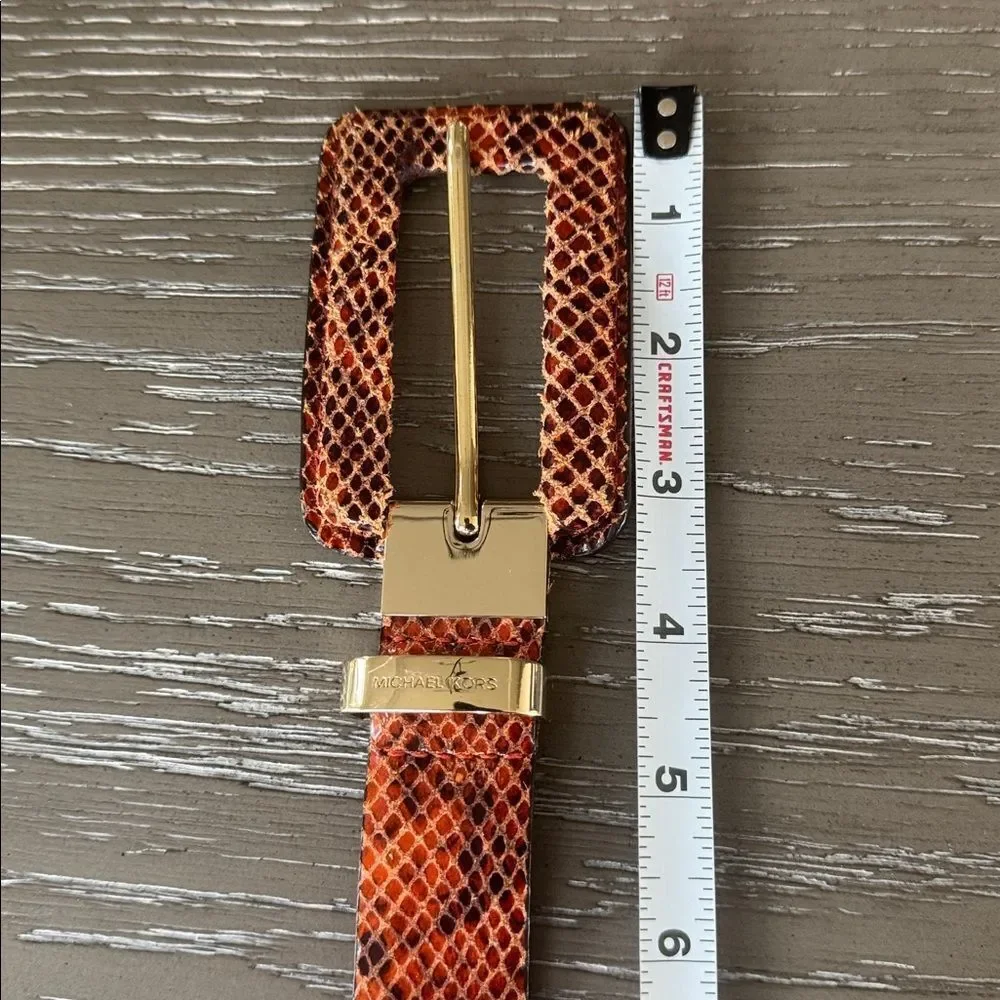 Michael Kors Brown Orange Leather Belt with Gold Tone Buckle Snake Print Size L